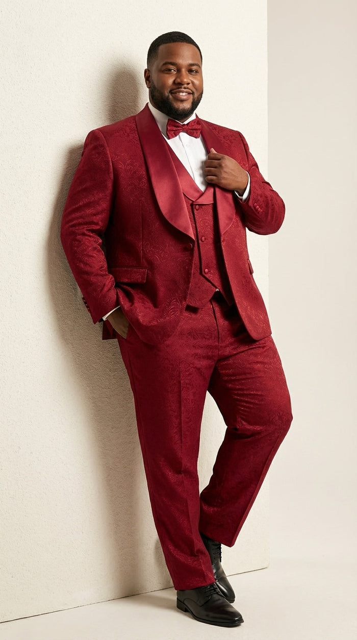 Mens Burgundy Wedding Tuxedo Suit – Paisley Three Piece Formal Suit Set with Shawl Lapel for Groom, Prom