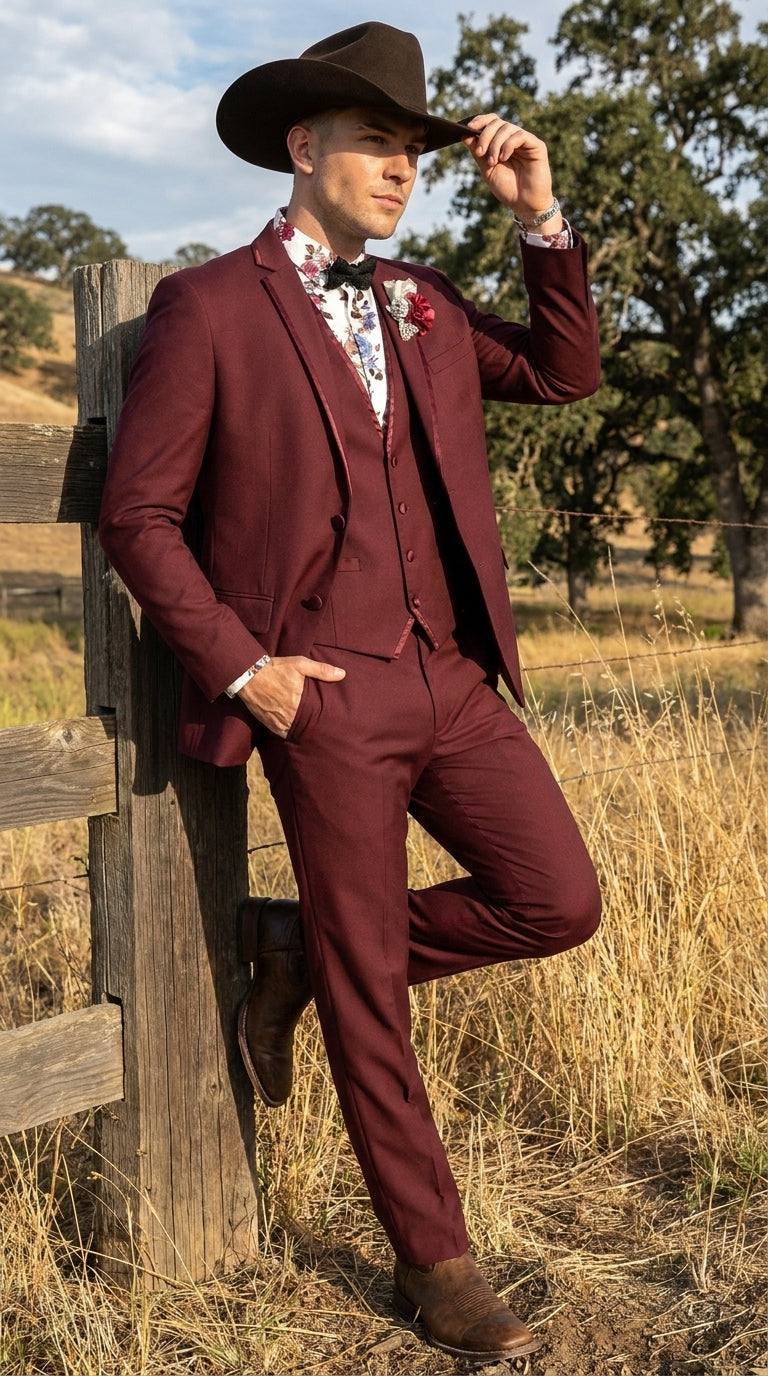 Men’s Burgundy Western Tuxedo Suit, 3 Piece Cowboy Formal Wedding Prom Suit with Satin Trim - 34 Short or Extra Small
