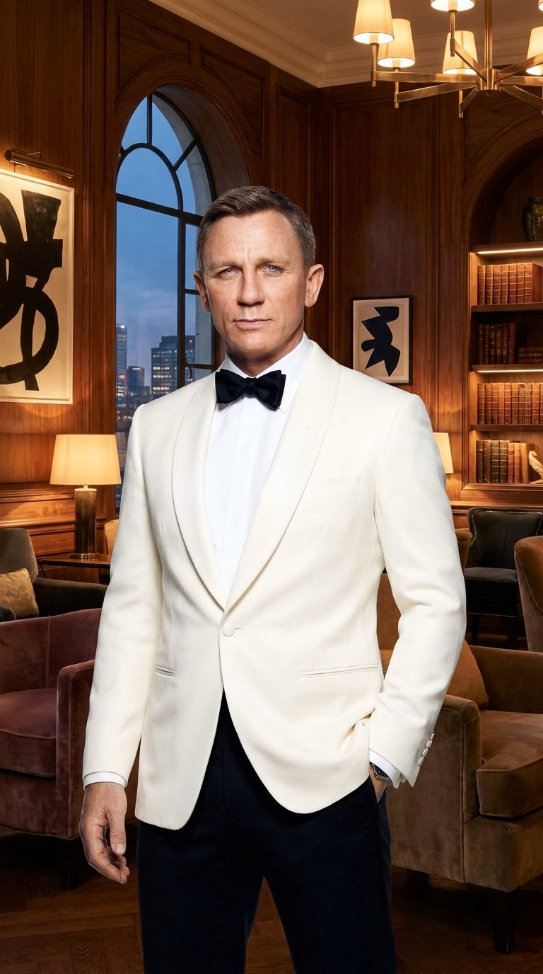 Men’s James Bond Style Ivory Dinner Jacket, White Tuxedo Blazer for Wedding, Prom and Black Tie Events - 34 Short or Extra Small