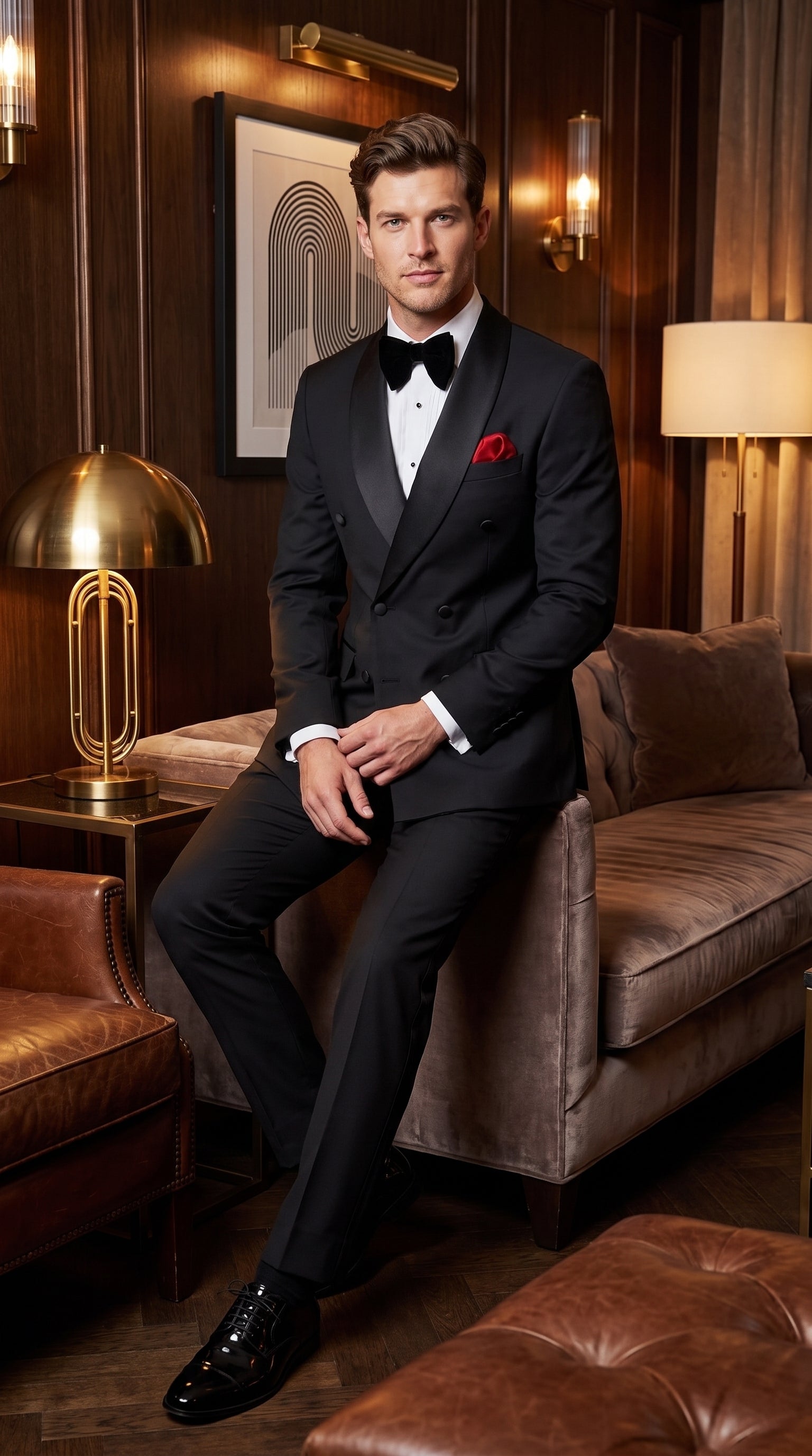 Men’s Black Double Breasted Evening Wear Suit with Satin Shawl Lapel and Red Pocket Square - 34 Short or Extra Small