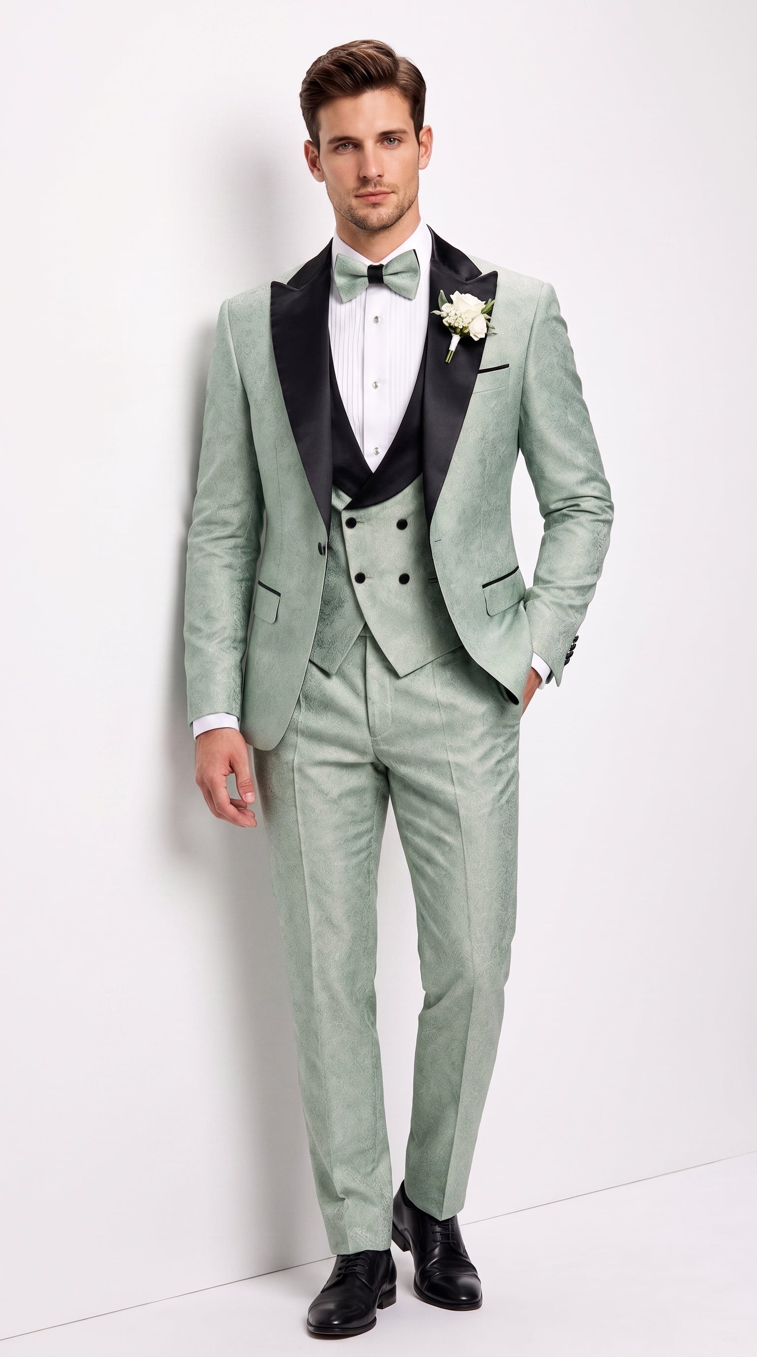 Men’s Sage Green Wedding Tuxedo with Black Shawl Lapel – 3 Piece Groom Prom Suit Mintish Color - 34 Short or Extra Small