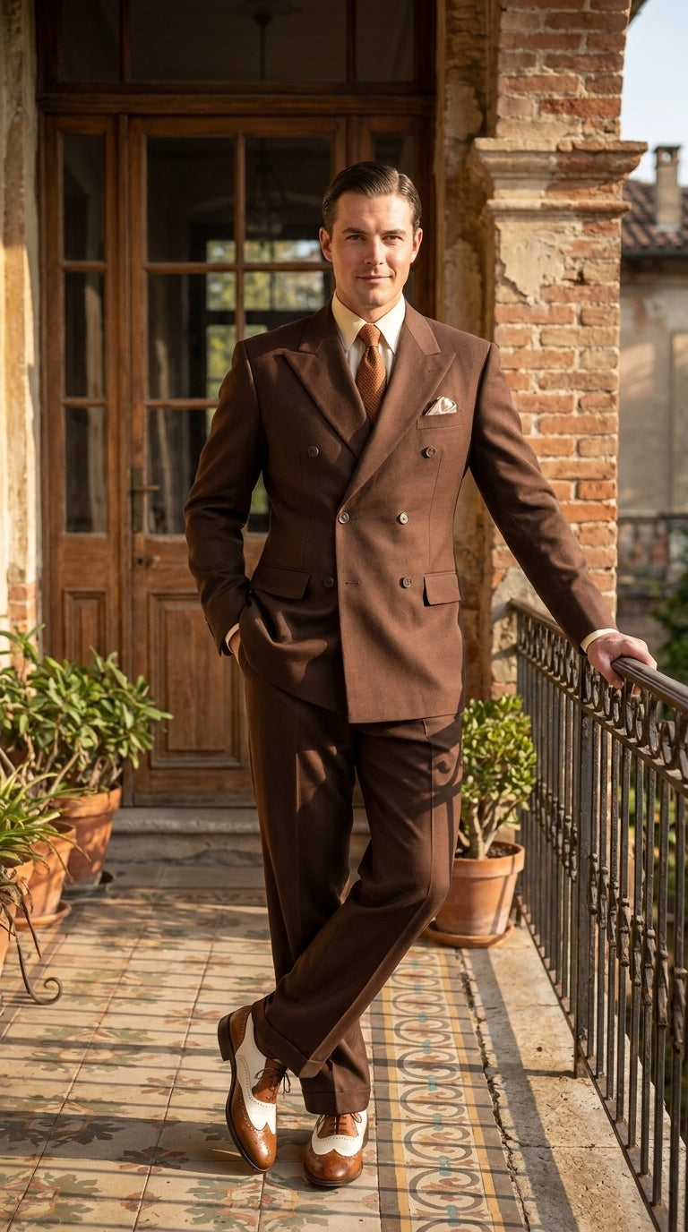 Men’s Brown Vintage Double Breasted Suit, Classic 1940s Style Formal Wedding Business Suit Set - 34 Short or Extra Small