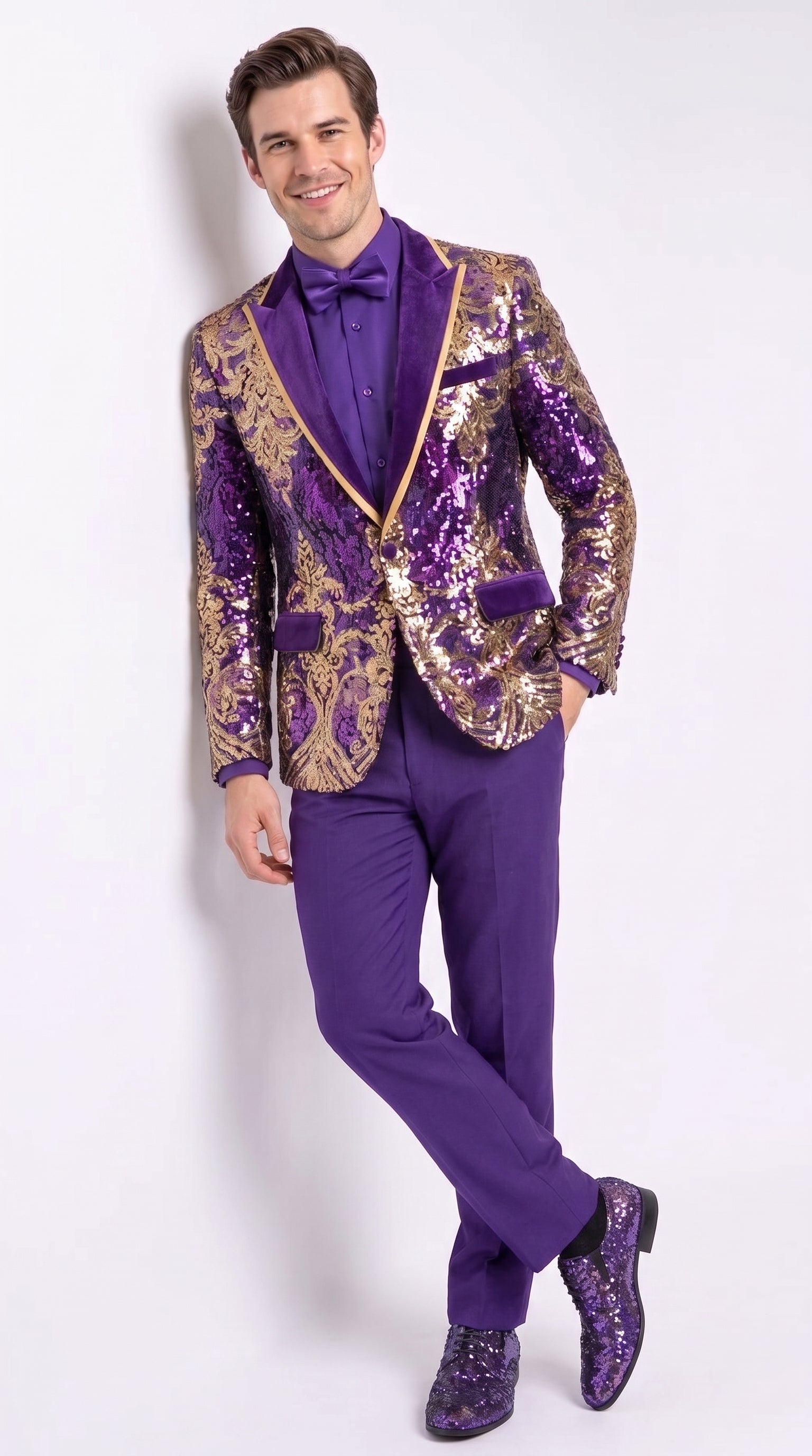 Men’s Purple and Gold Sequin Suit with Pants – Luxury Prom, Wedding and Party Blazer
