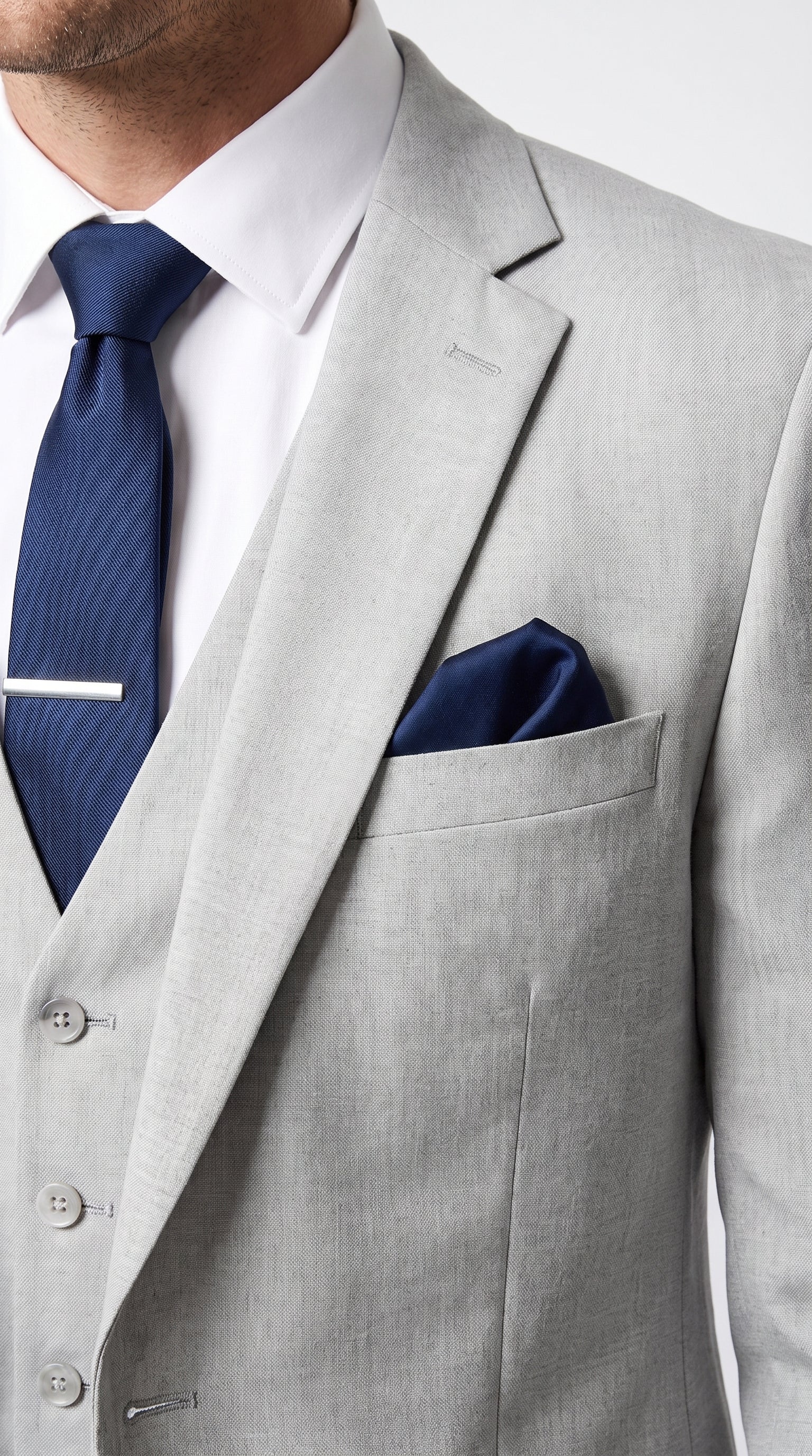 Men’s Silver & Navy Blue 3-Piece Suit – Wedding, Business and Formal Suit with Free Matching Tie - 34 Short or Extra Small