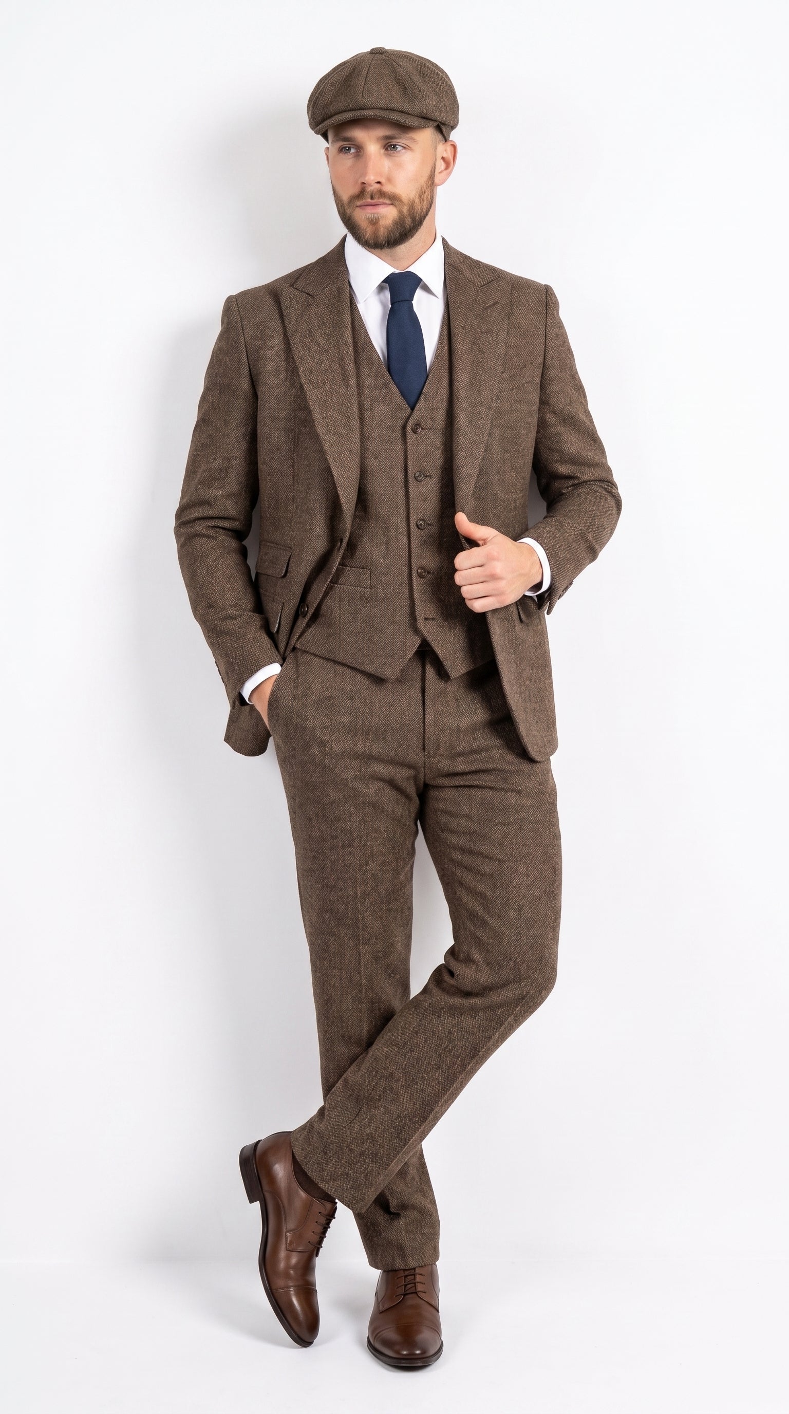 Peaky Blinder Men’s Brown Tweed 3-Piece Suit – Vintage Wedding, Business and Formal Suit with Matching Vest and Pants - 34 Short or Extra Small