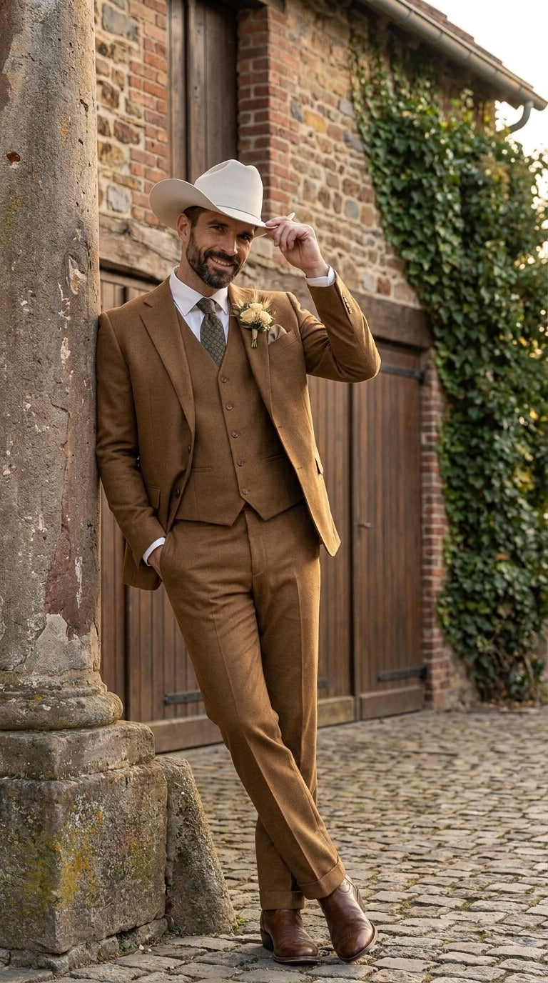 Men’s Tan Groom Outfit Country Wedding 3 Piece Suit Khaki Camel Color Modern Fit - 34 Short or Extra Small