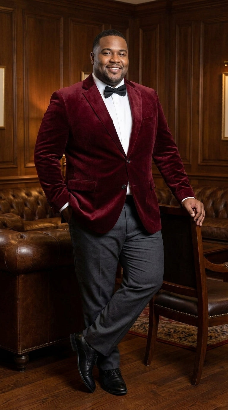 Men’s Gomez Addams Inspired Costume, Burgundy Velvet Blazer with Black Pants Formal Party Outfit Combo - 36 Short