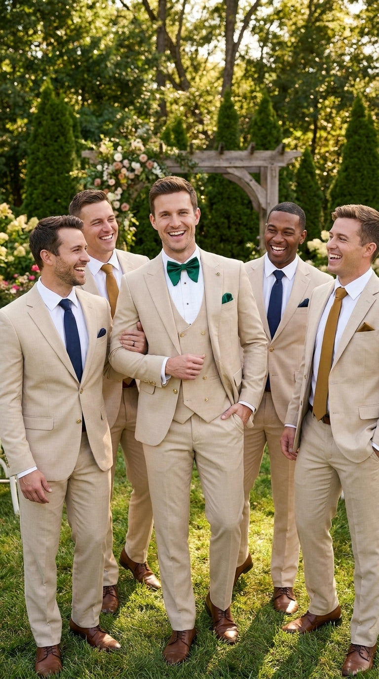 Men’s Khaki Tan 3-Piece Groomsmen Suit – Wedding Suit with Double-Breasted Vest and Pants Great Gatsby Style Gold buttons - 34 Short or Extra Small