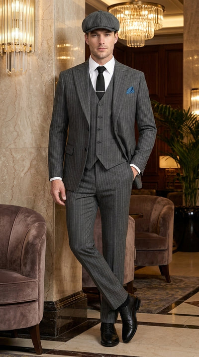 Men’s Thomas Shelby Peaky Blinders Gray Wool Suit Out fit Charcoal Grey Pinstripe 3-Piece  Vintage 1920s Suit
