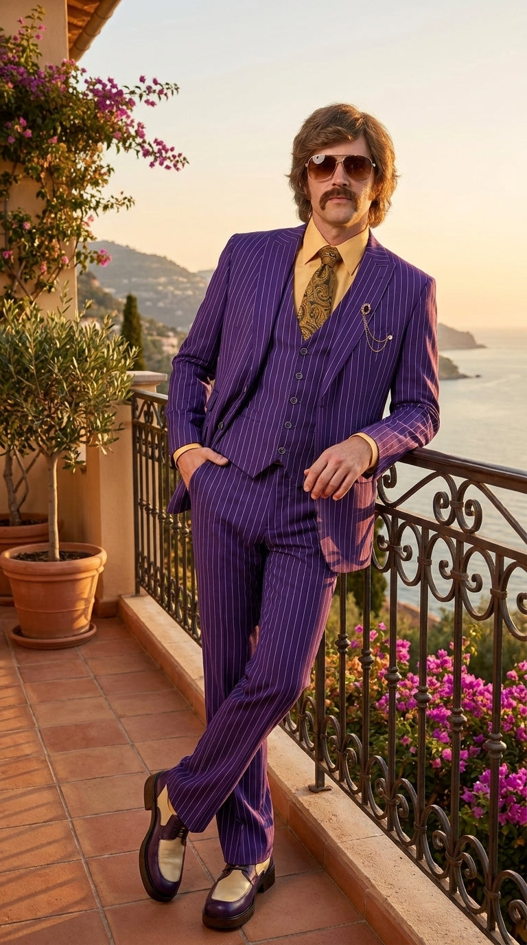 Men’s Purple Pinstripe 3-Piece Suit – 1970s Disco, Pimp, Retro Rockabilly and Party Suit - 34 Short or Extra Small