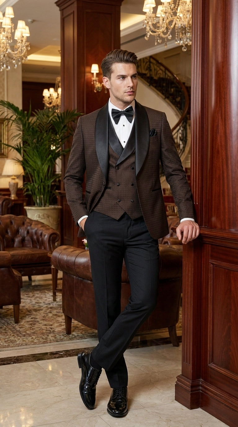 Men’s Chocolate Brown Tuxedo Suit – 3 Piece Shawl Lapel Wedding, Prom and Formal Dinner Tuxedo - 34 Short or Extra Small