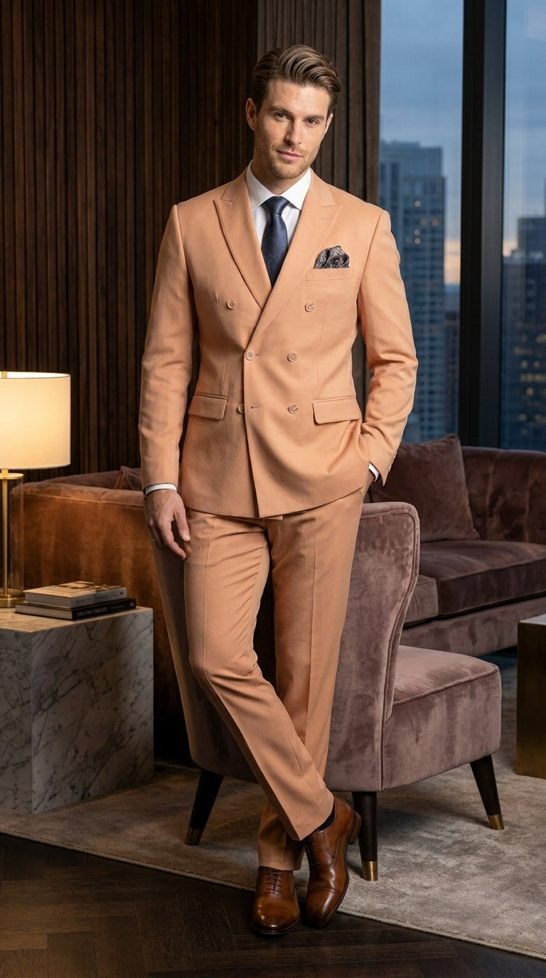 Men’s Peach Double Breasted Suit – Wedding & Prom Formal Suit Set, Classic Blazer and Pants Slim Fitted - 34 Short or Extra Small