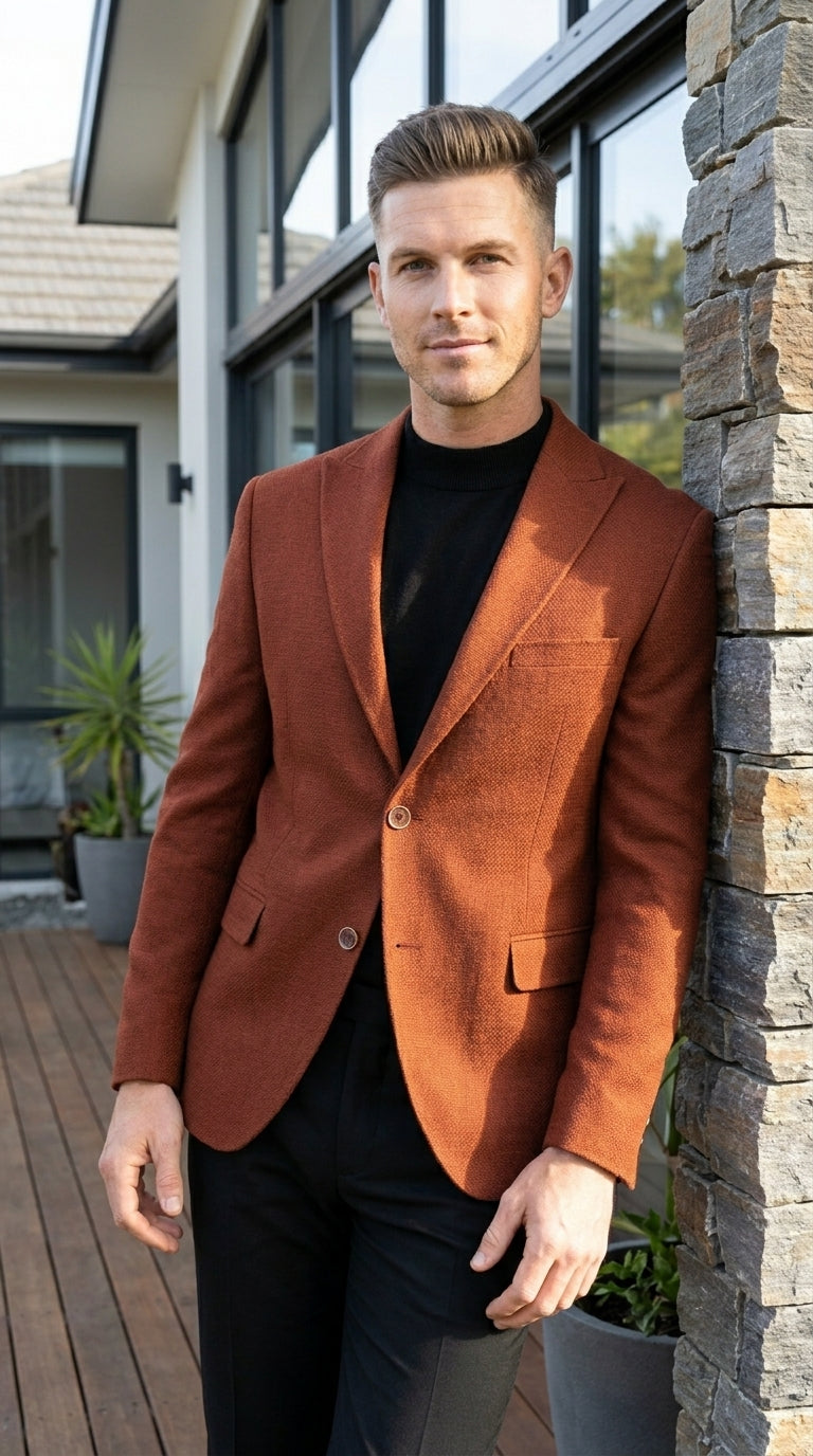 Men’s Rustic Brown Textured Blazer with Notched Lapel, Formal Dress Jacket for Weddings, Parties, Business Look - 36 Short