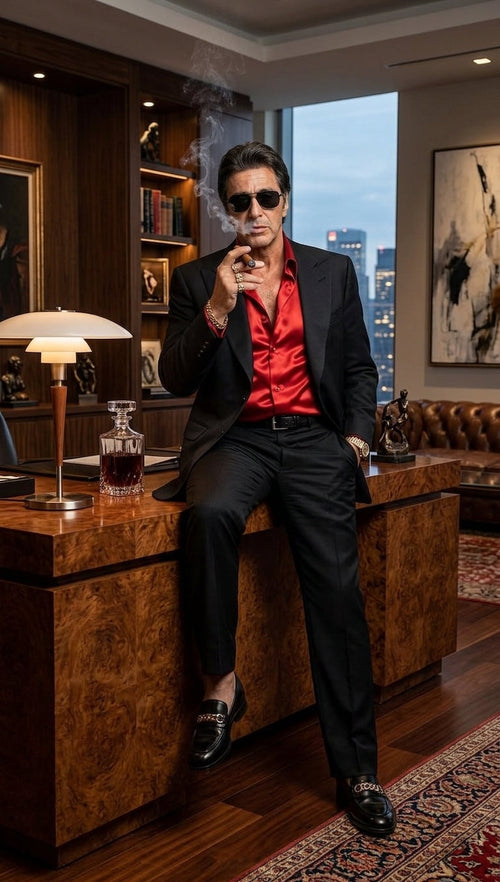 Tony Montana’s Black Blazer with Red Sateen Shirt – Men’s Black Formal Blazer and Red Satin Style Shirt Outfit for Party, Wedding and Vintage Wear