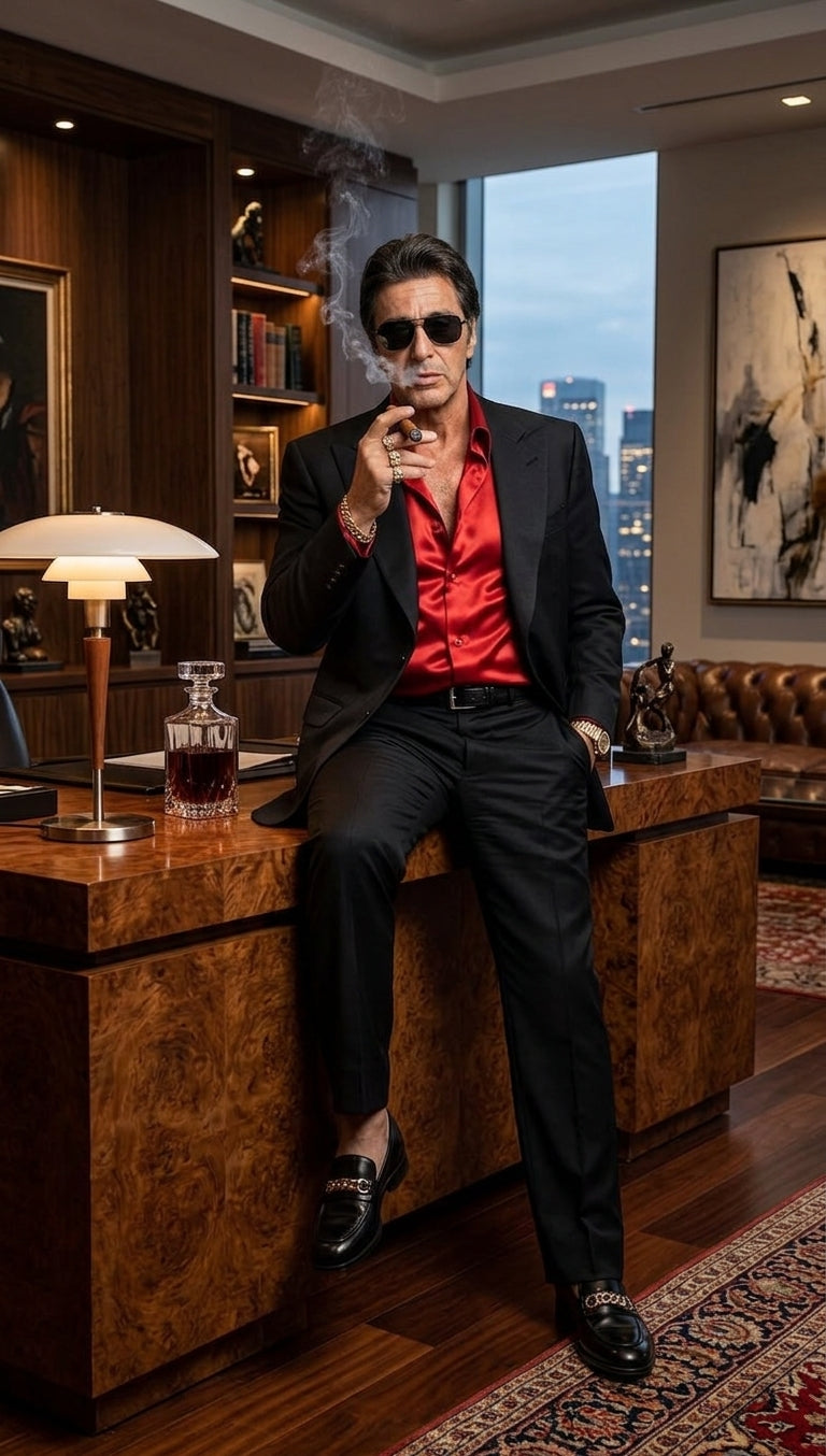 Tony Montana’s Black Blazer with Red Sateen Shirt – Men’s Black Formal Blazer and Red Satin Style Shirt Outfit for Party, Wedding and Vintage Wear - 36 Short