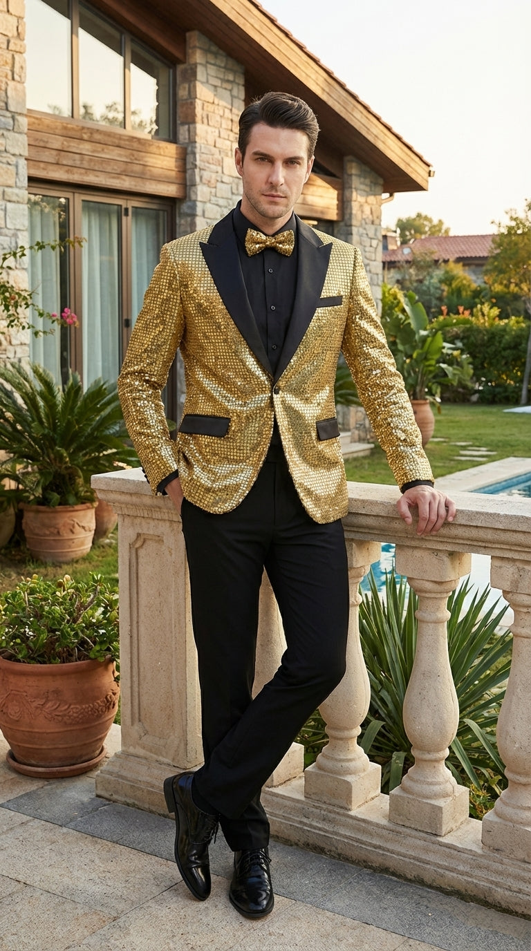 Mens Gold Sequin Blazer with Black Satin Lapel – Gold Formal Party Blazer Jacket for Prom, Wedding and Stage Events - 36 Short