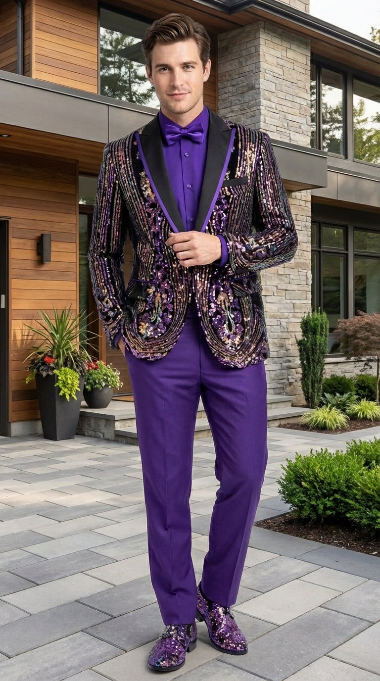 Mens Mardi Gra Black and Purple and Gold Sequin Tuxedo Jacket Set – Designer with Floral Pattern Jacket Formal Wedding Party Wear Bowtie - 36 Short