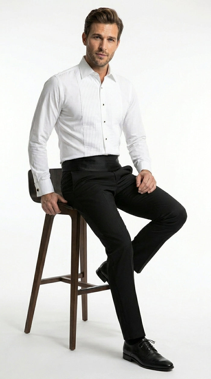 Men’s White Cotton Tuxedo Shirt with Spread Collar, French Cuffs and Pleated Front