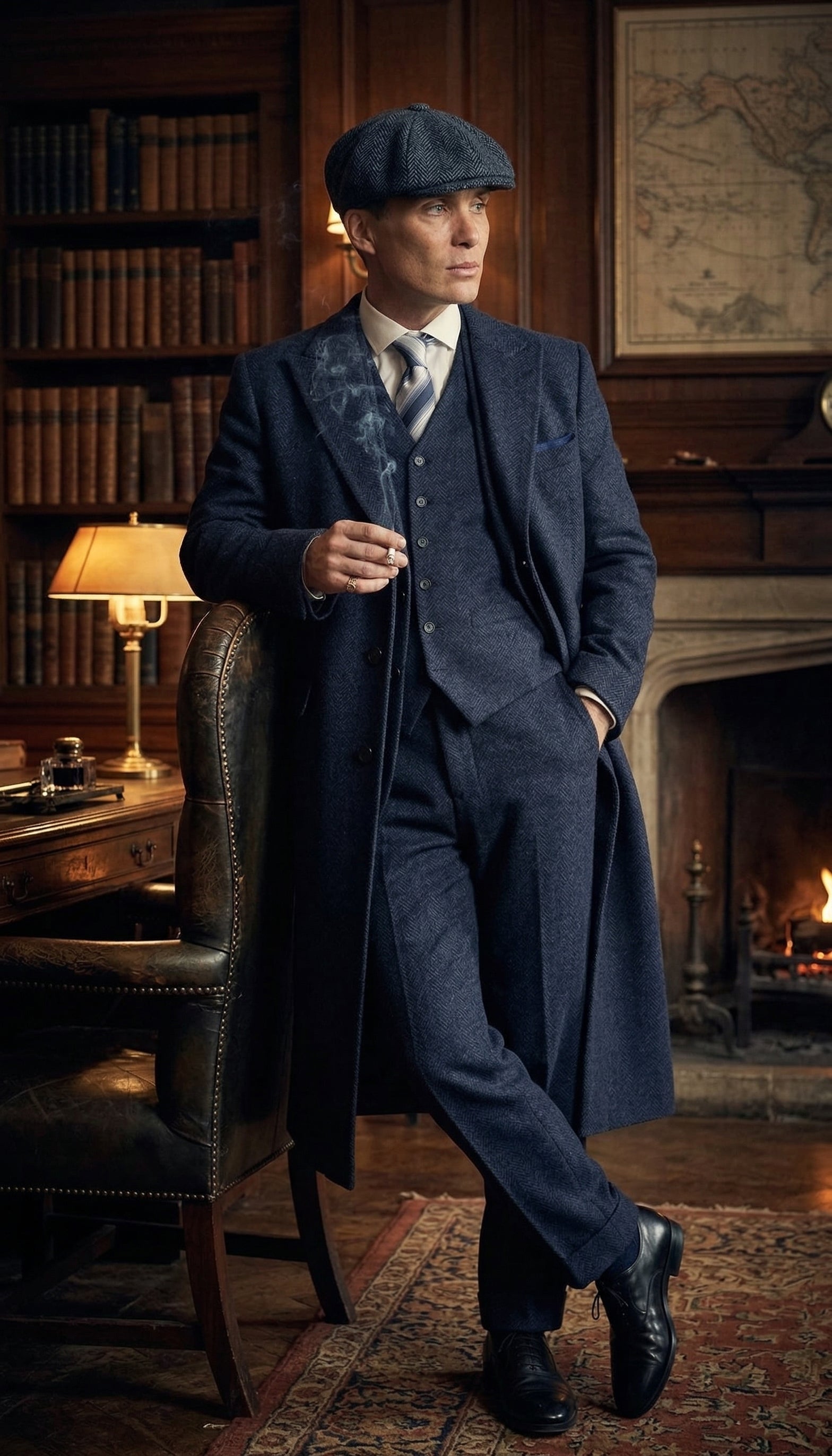 Men’s Navy Blue Herringbone Tweed  1920s 3 Piece Suit with Overcoat – Vintage Peaky Blinder Style Formal Suit Set with Blazer, Waistcoat + Overcoat + Hat - Navy Blue