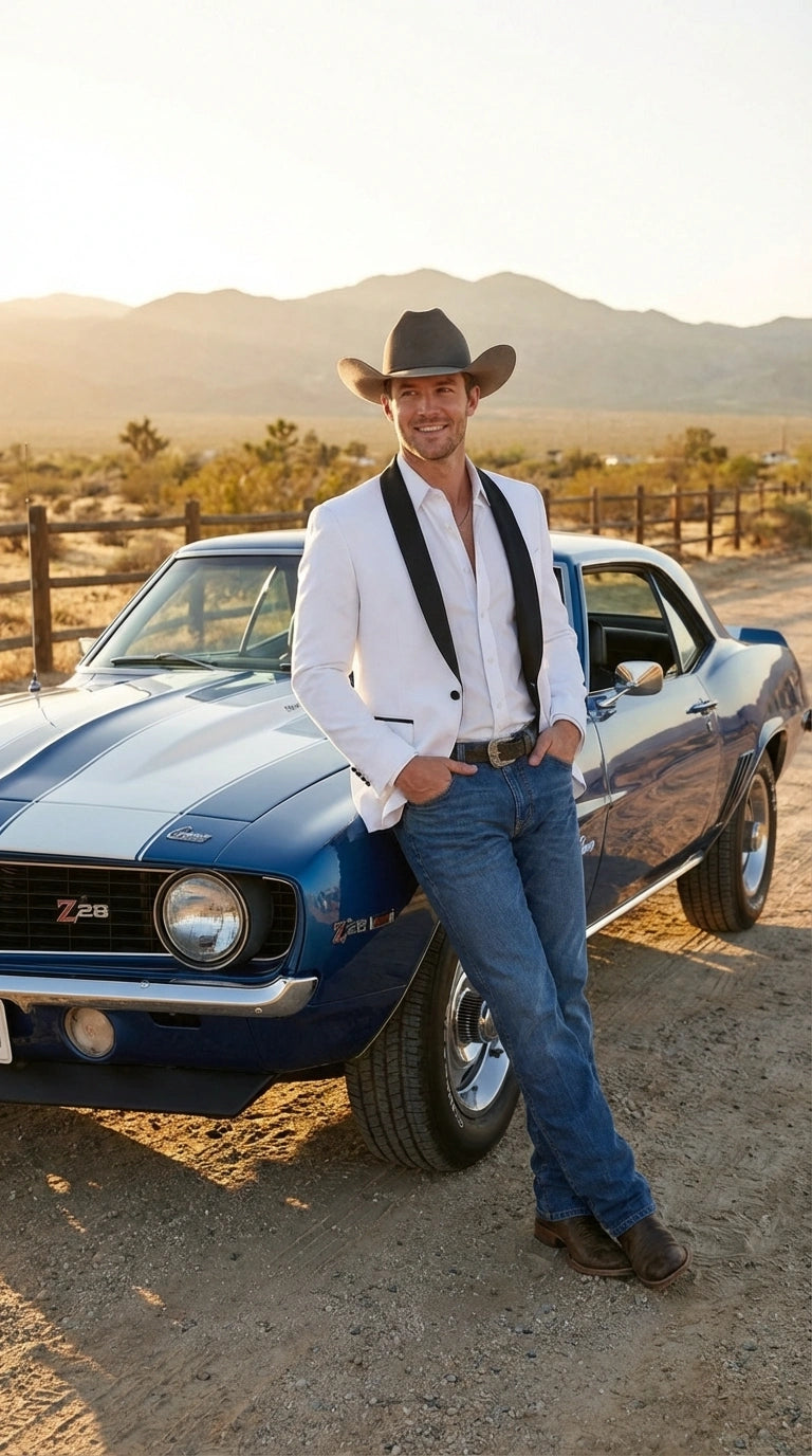 Men’s White Cowboy Blazer with Black Satin Lapel – Western Formal Tuxedo Style Jacket - 36 Short