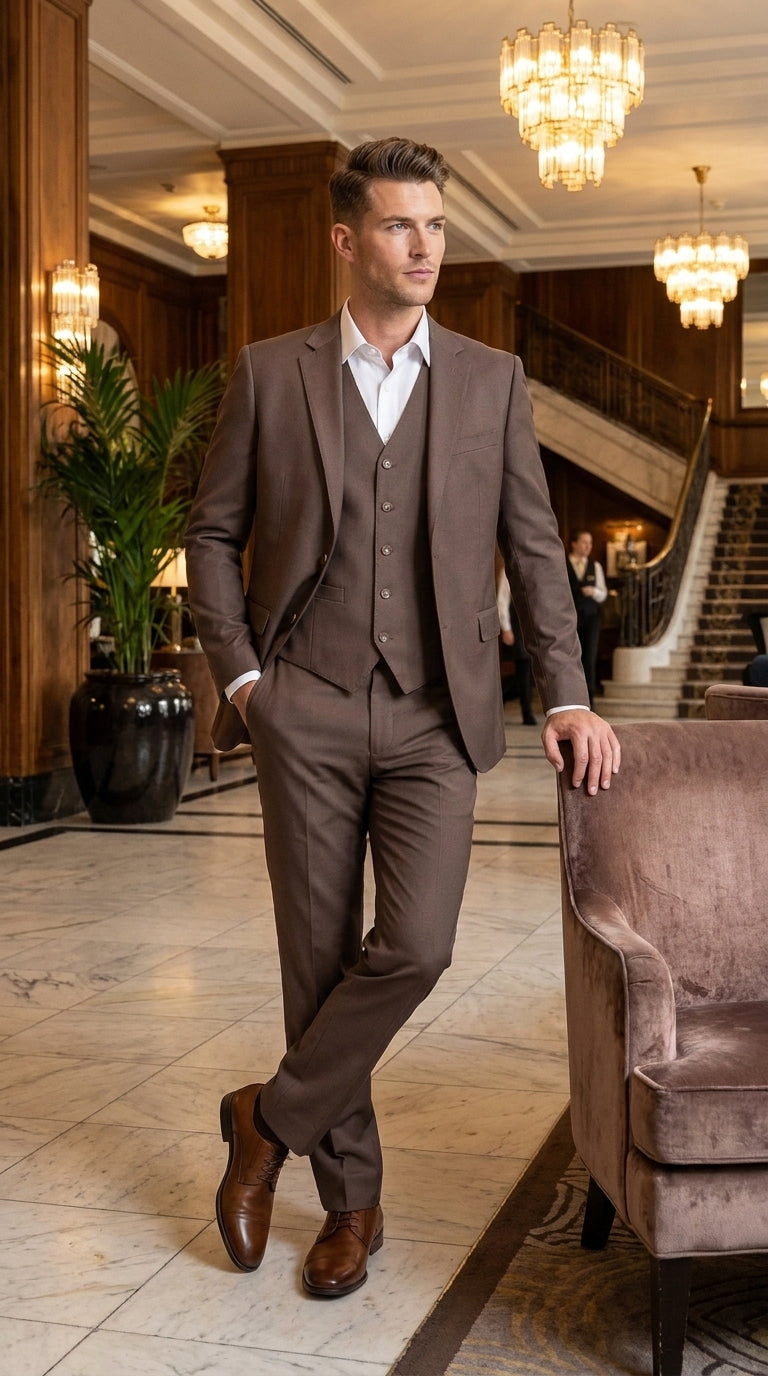 Men’s Zagarie Brand Light Brown Mocha 3-Piece Wool Suit – Modern Wedding, Business and Formal Suit with Pick Stitching - 34 Short or Extra Small