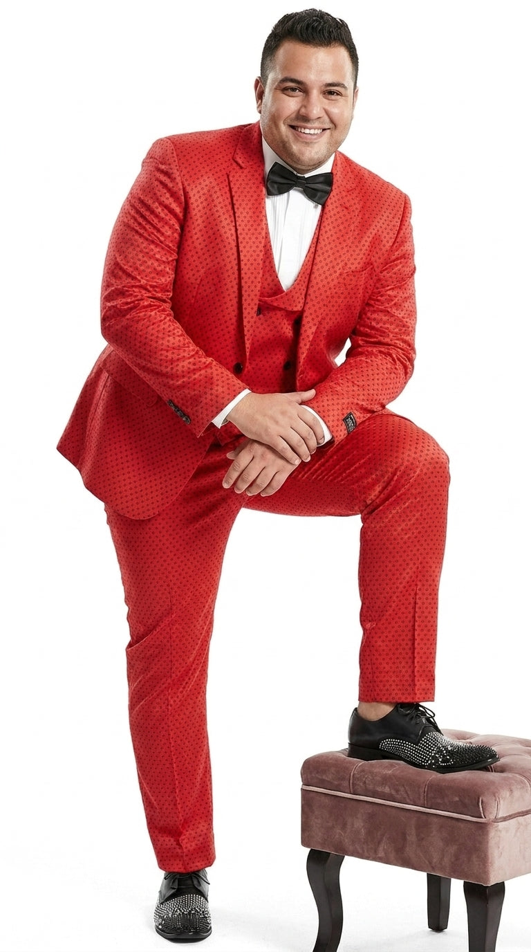 Tazio Men’s Cherry Red and Black  Polka-Dot 3-Piece Suit – Skinny Fit Prom, Wedding and Party Suit or Tuxedo - 34 Short or Extra Small