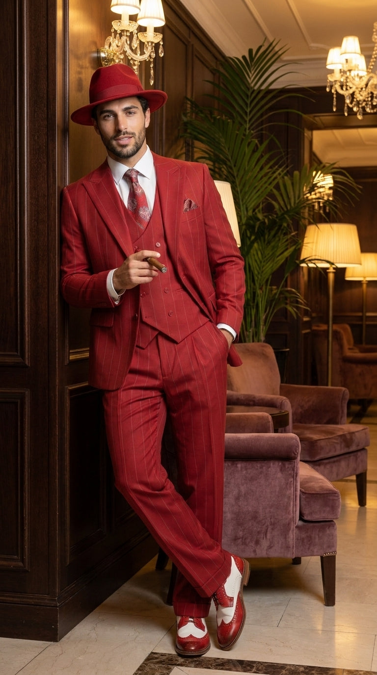 Men’s Red & White Pinstripe 3-Piece Suit by Mazari – Peak Lapel Classic Fit Gangster Suit with Pleated Pants - 34 Short or Extra Small