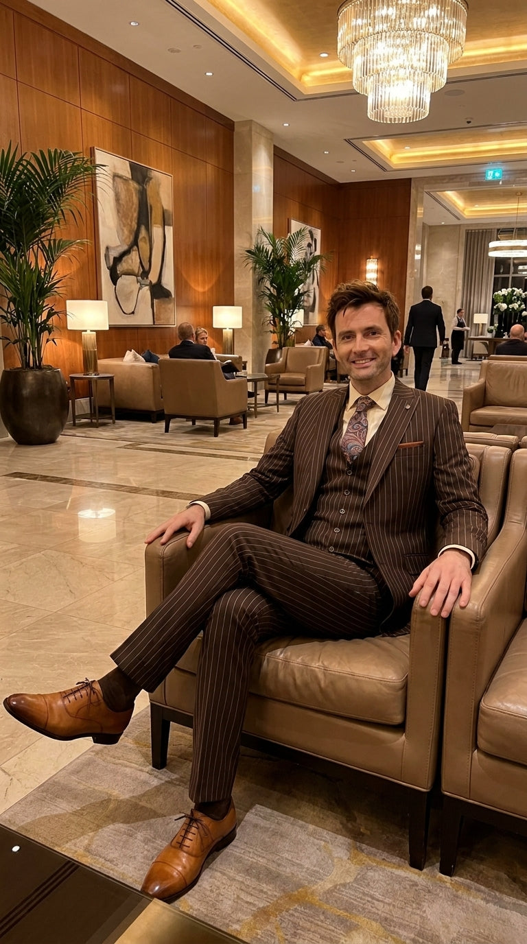 Men’s Doctor Who Inspired Brown Pinstripe 3-Piece Suit – Retro Vintage Wedding, Costume & Formal Suit - 34 Short or Extra Small