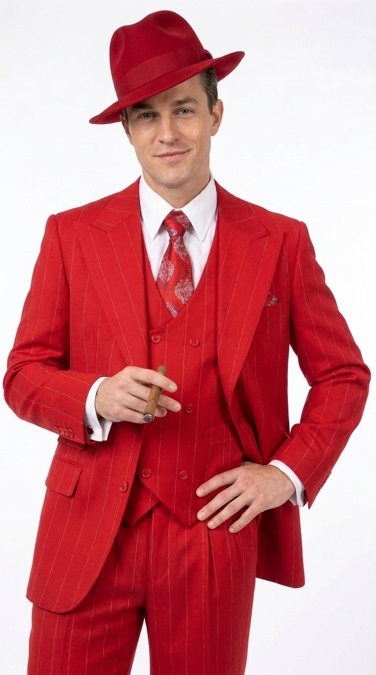 1920s Christmas Holiday Gangster Men’s Red Pinstripe 3-Piece Suit – Peak Lapel Classic Fit Pleated Pants - 34 Short or Extra Small