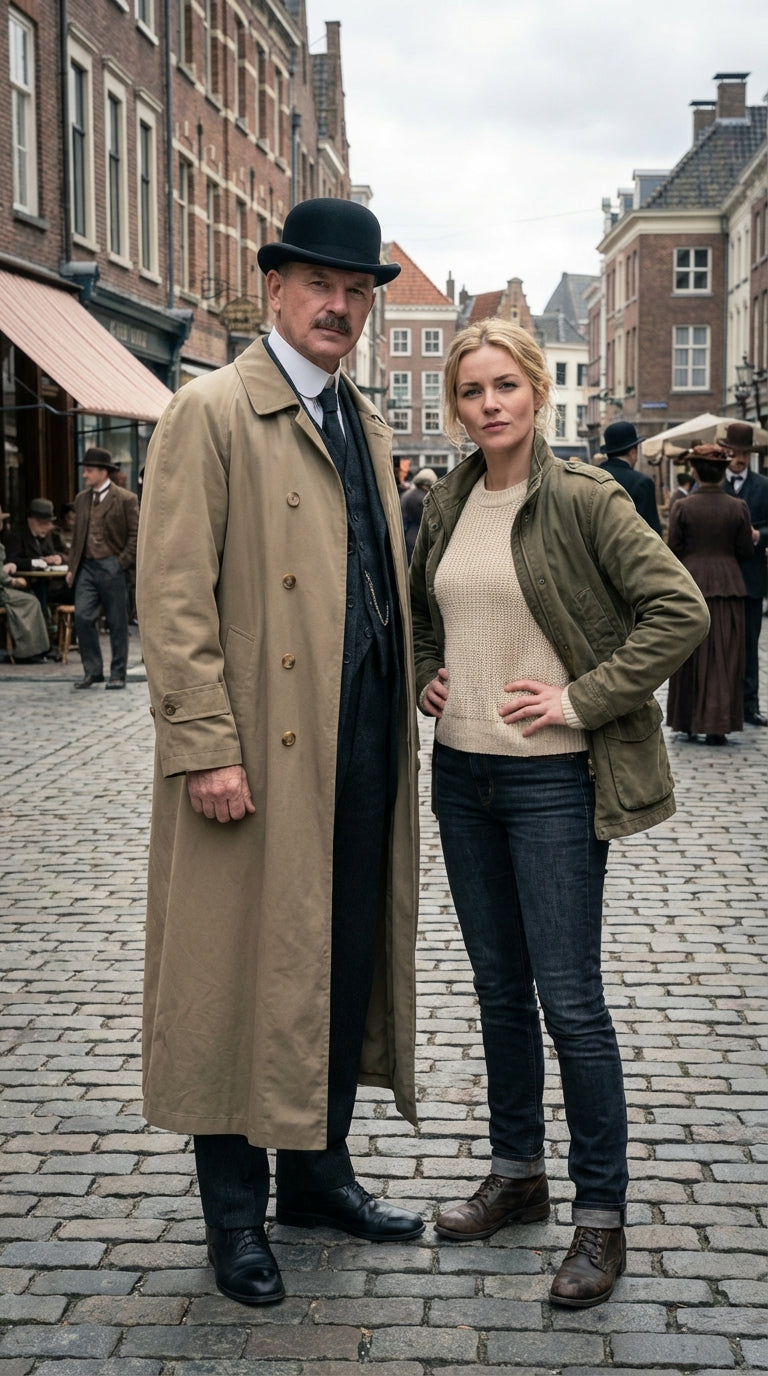 Men’s Beige Cotton Trench Coat Suit Package – Classic Long Overcoat for Formal + Suit + Hat - Coat Size 38