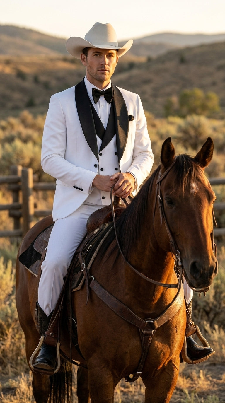 Men’s White and Black Western Wedding Tuxedo – Cowboy Style 3-Piece Traje para Boda with Double-Breasted Vest - 34 Short or Extra Small