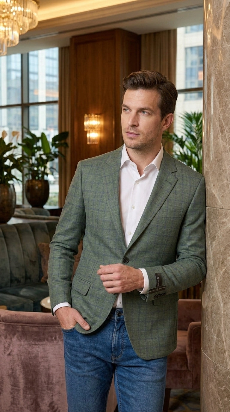 Men’s Sage Green Windowpane 2-Piece Suit – Modern Fit Plaid Wedding, Business and Formal Suit - 36 Short
