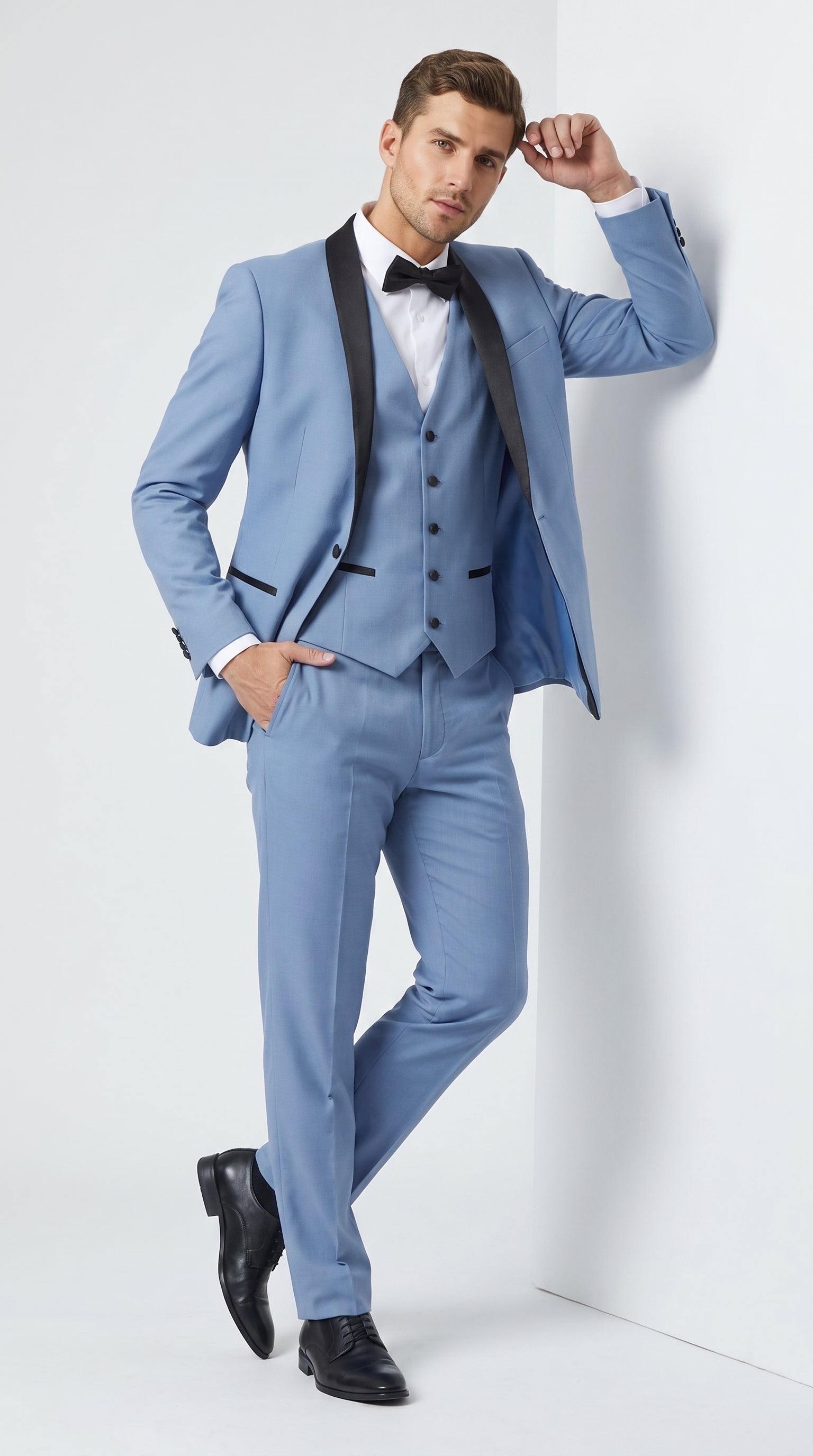 Men’s Powder Blue 3 Piece Tuxedo Suit – Light Blue Shawl Lapel Wedding Prom Suit with Vest - 34 Short or Extra Small