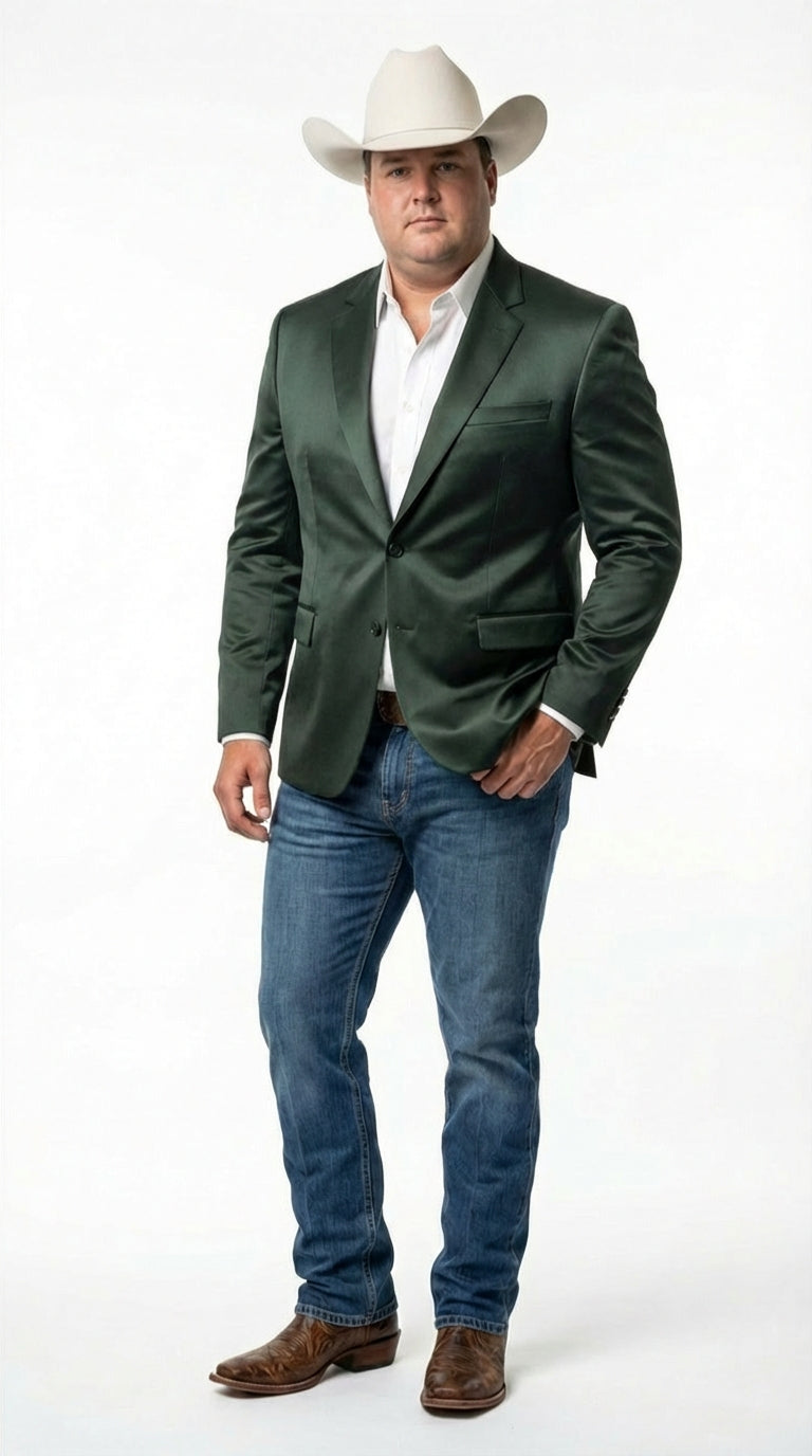 Mens Shiny Dark Green Cowboy Blazer Western Style Satin Finish Blazer for Party, Country Hunter Color - 36 Short