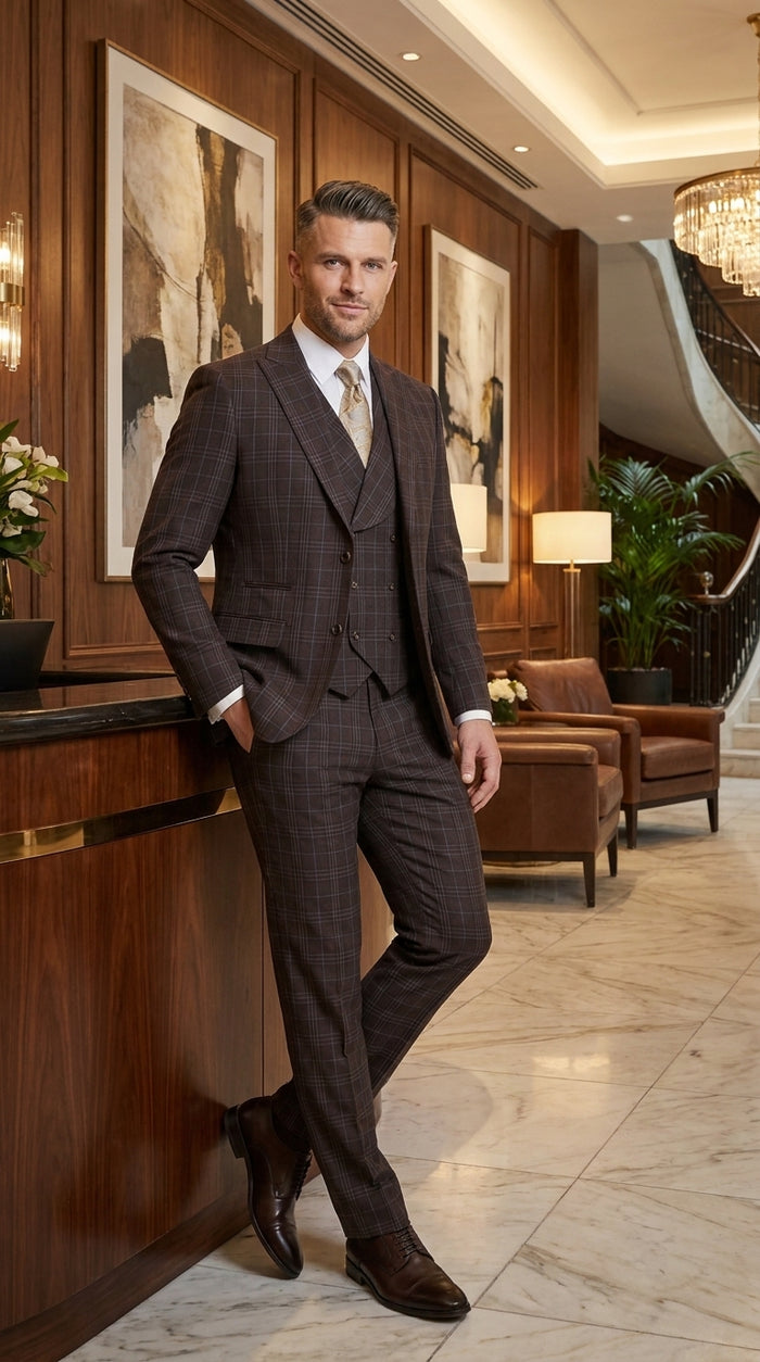 Men’s Vitali 3PC Suit – Choclate Brown and blue Plaid Check 3-Piece Suit with Double-Breasted Vest Modern Fit Side Vented