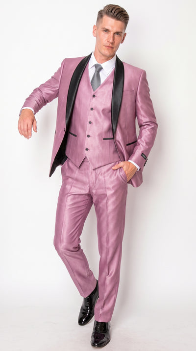 Men’s Shiny Mauve Pink 3 Piece Tuxedo – Wedding & Prom Suit with Black Shawl Lapel