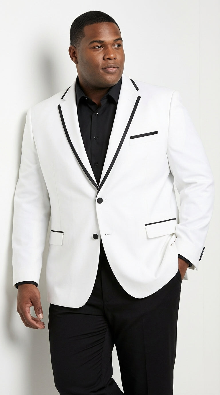Men’s White Disco Blazer 70s Era Costume Jacket – Black Trim Retro Party Blazer, Vintage Dance Outfit, Stylish Evening Themed Wear - 36 Short