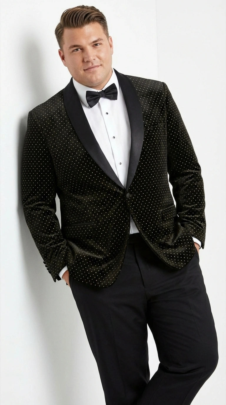Men’s Black Velvet Dinner Jacket Blazer with Satin Lapel – Formal Evening Tuxedo Style Jacket Polk Dots Pattern + Free bowtie - 36 Short