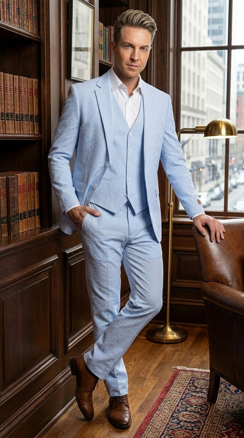 Men’s Blue Pinstripe Seersucker Suit with Jacket and Pants, Big and Tall Kentucky Derby Summer Suit