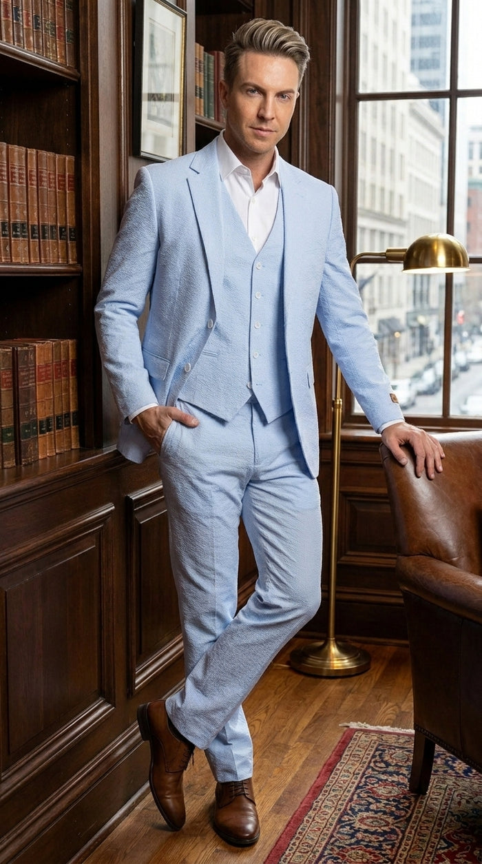 Men’s Blue Pinstripe Seersucker Suit with Jacket and Pants, Big and Tall Kentucky Derby Summer Suit