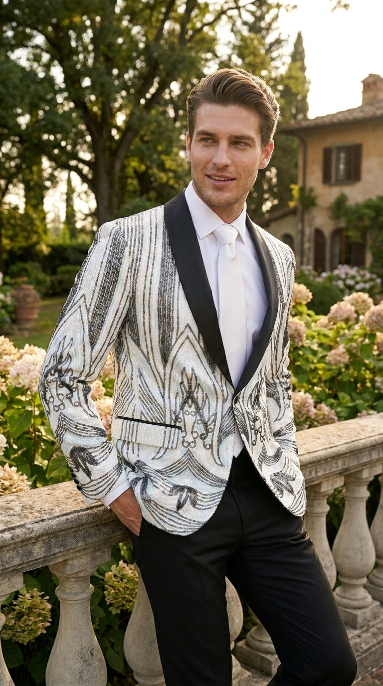 Men’s White and Black Patterned Tuxedo Blazer – Luxury Designer Dinner Jacket for Wedding, Prom and Formal Events New Year Christmas Holiday - 36 Short
