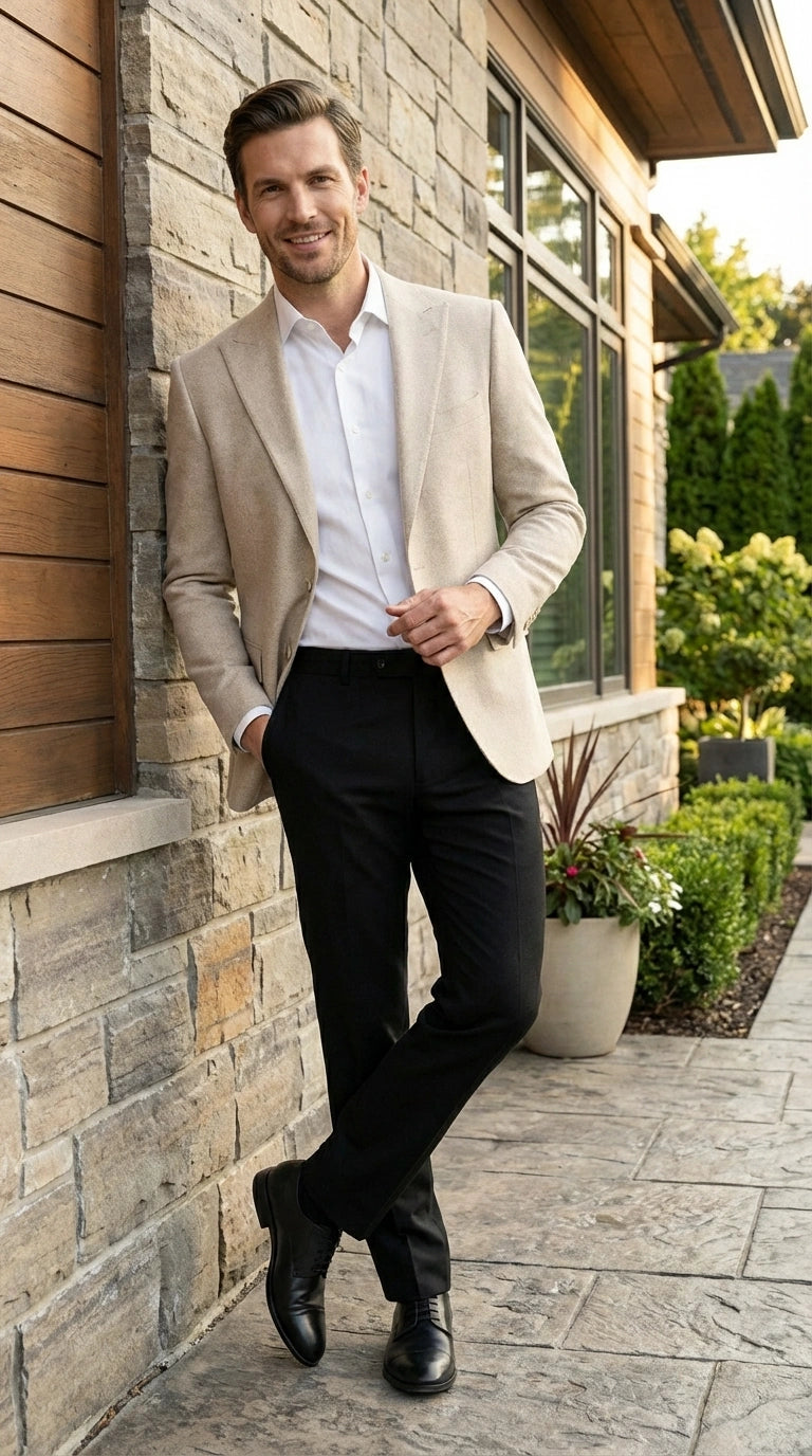 Zacchi Men’s Beige Hopsack Blazer – Classic Two Button Sport Coat with Peak Lapel Formal Jacket - 36 Short