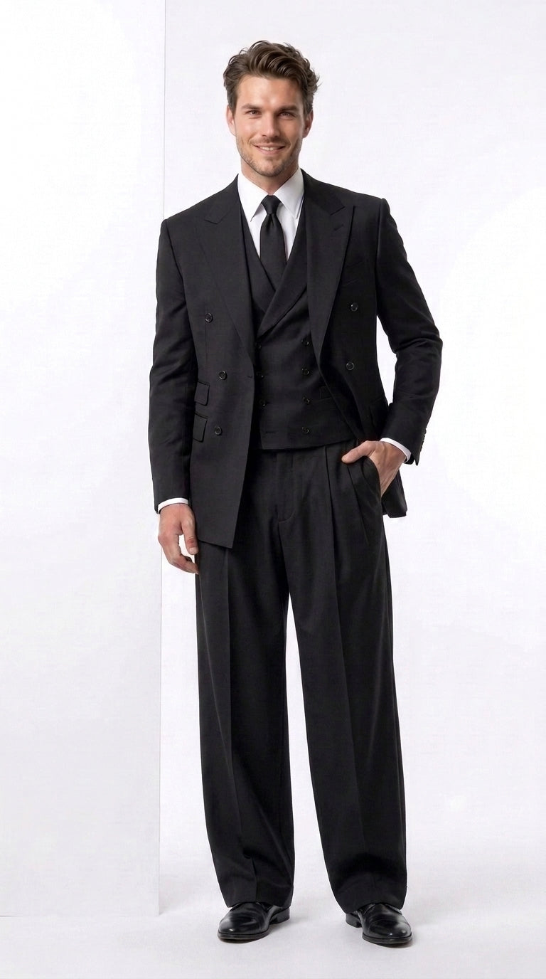 Tiglio Rosso Men’s Black Super 150’s Italian Wool 3-Piece Suit – Double-Breasted Jacket, Vest and Wide-Leg Pleated Pants - 34 Short or Extra Small