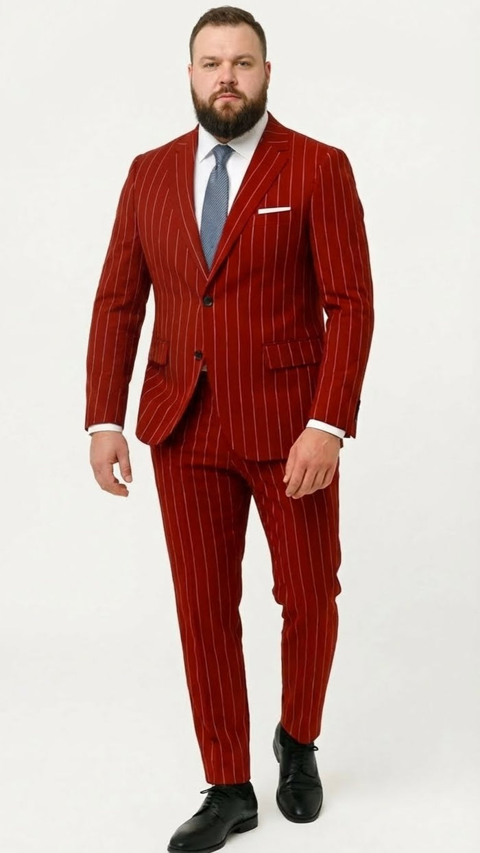 Mens Red Pinstripe Suit Stripe Two-Button Vested Suit 2 Buttons