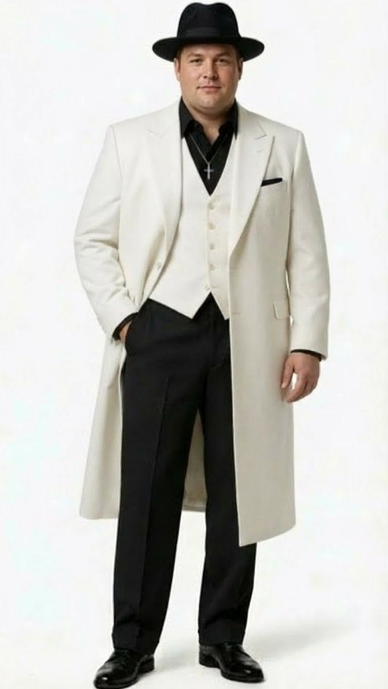 Mens White Long Zoot Suit Costume Set with Black Pants Wedding, Prom and Party Outfit 1920s - 1930s Gangster Style - Large 16.5" Neck / 36" Sleeve