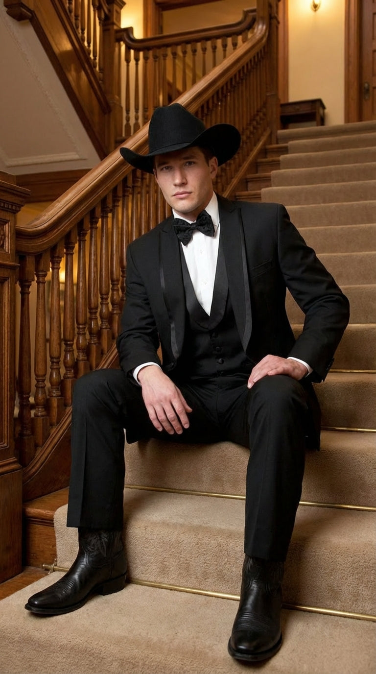 Black Western Tuxedo for Men | Classic Three Piece Formal Wedding Peak Lapel with Trim Collar Cowboy Suit - 34 Short or Extra Small
