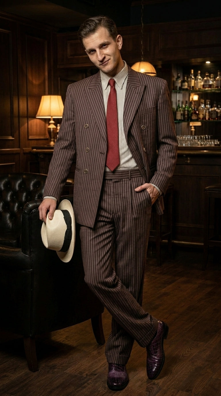 Men’s Brown Pinstripe Bonnie and Clyde Costume Suit – Vintage Gangster 1920s Outfit for Party, Halloween and Themed Events - 34 Short or Extra Small