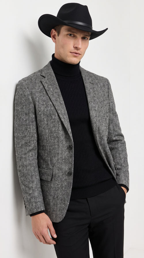 Men’s Grey Herringbone Winter Cowboy Blazer – Western Sport Coat Jacket
