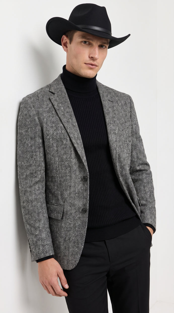 Men’s Grey Herringbone Winter Cowboy Blazer – Western Sport Coat Jacket