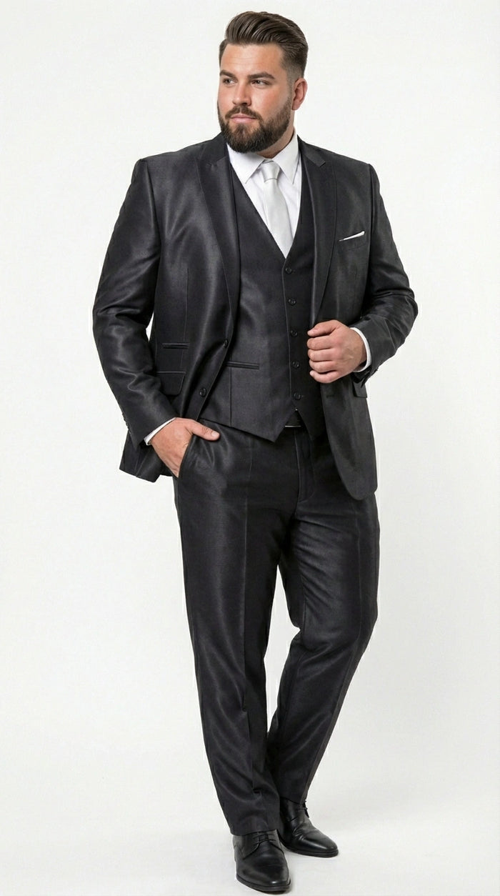 Men’s Black Three Piece Suit – Modern Fit 3PC Formal Suit with Vest for Wedding, Prom and Business Events Sharkskin Shiny Fabric